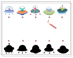 Find the right shadow, an educational game for kids, cartoon monsters, aliens in a flying saucer. Vector illustration