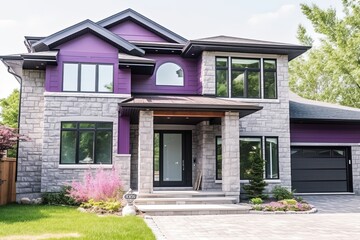 Obraz premium Cutting-Edge Features in a Progressive New House with a Single Car Garage and Purple Siding, Enhanced with Natural Stone Cladding, generative AI