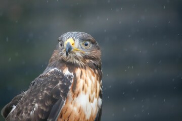Closeup of a beautiful Red-tailed hawk in a forest on a blurred background