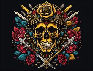 Illustration of skull head with rose vintage style made by ai generative tools