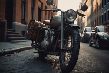 Obraz na płótnie Canvas Vintage motorcycle parked on bustling urban road. Generative AI