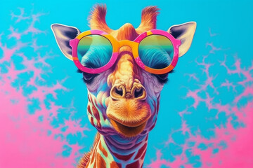 Stylish giraffe wearing a pair of trendy sunglasses. With its bold colors and playful vibes, this artwork radiates a sense of fun. Ai generated