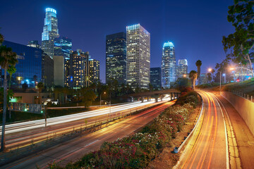 Fototapeta premium Los Angeles, California, USA. Car light trails, downtown
