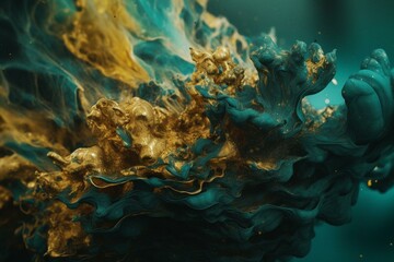 Fototapeta na wymiar Turquoise and yellow paint swirls accented with gold powder. Abstract art background. Generative AI