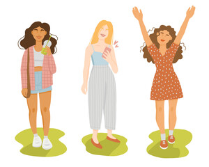 Summer girls. Cute vector illustration of happy young women relaxing outside