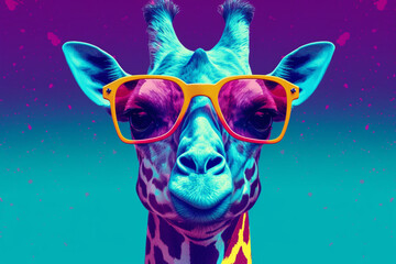 Fototapeta premium Stylish giraffe wearing a pair of trendy sunglasses. With its bold colors and playful vibes, this artwork radiates a sense of fun. Ai generated
