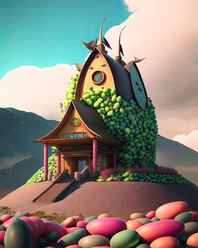 3d render of cartoon style bean land house edmame 