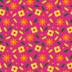 Colorful flowers and leaves on pink background seamless repeat vector pattern