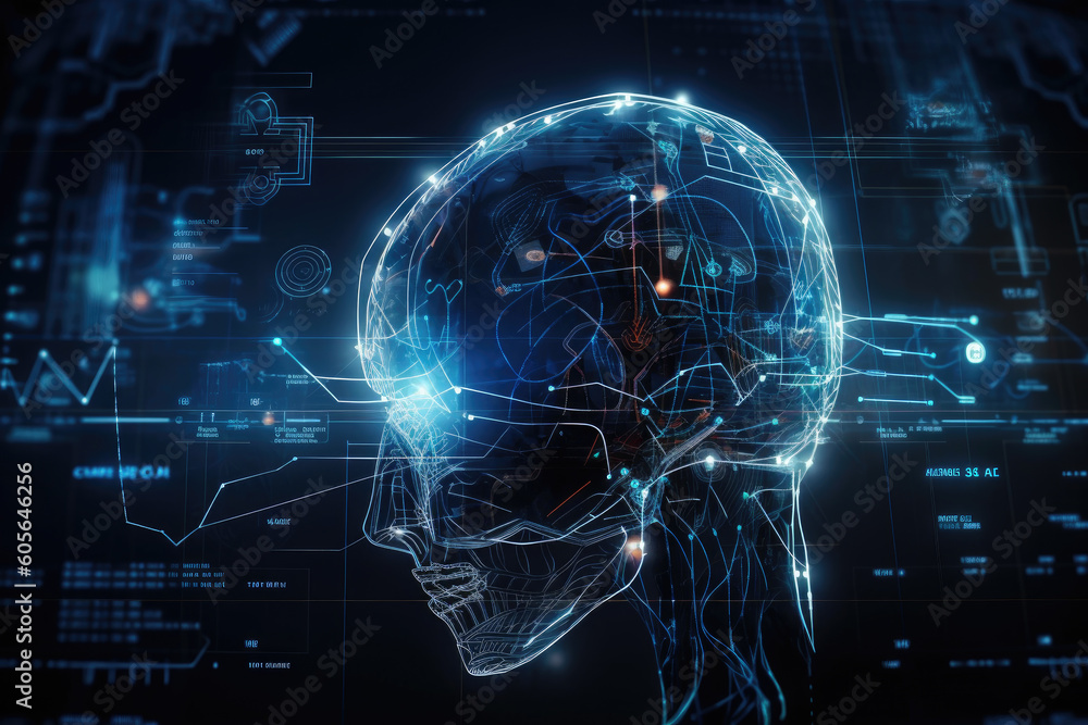 Poster futuristic artificial intelligence head with glowing lines and technology hud screen concept, create