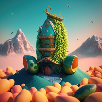 3d render of cartoon style bean land house edmame 