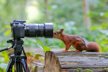 Closeup of a common squirrel (Sciurus vulgaris) near a camera in a forest against blurred background