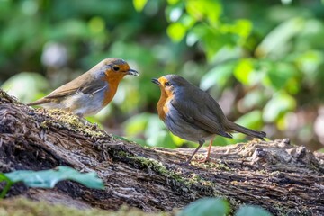 Closeup of Robins (Erithacus rubecula) on a broken tree against blurred background