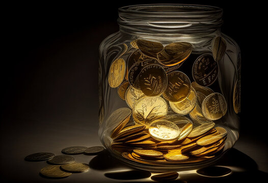 Glass jar full of golden coins on a dark background. AI Generated