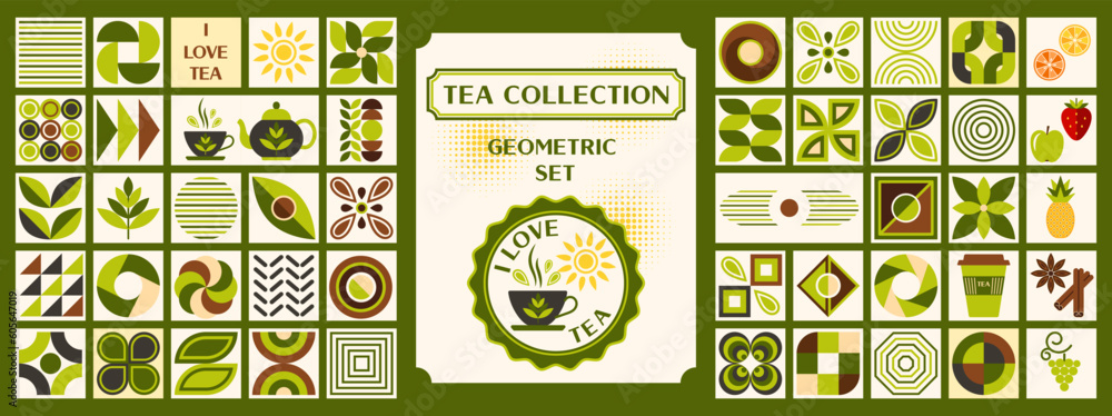 Poster set of design elements, logo with tea elements in simple geometric style. abstract shapes. good for 