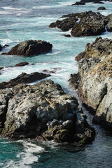 Fototapeta na wymiar Vertical shot of mossy rocks and stones in the turquoise waters of an ocean