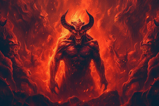 Concept of hell. Fierce flames and raging fire surround a representation of the devil at the center. Ai generated