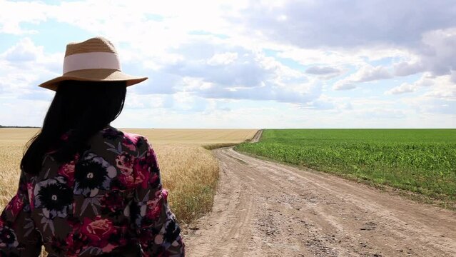 Slow motion of a woman walking in the field in windy weather with clouds in the background