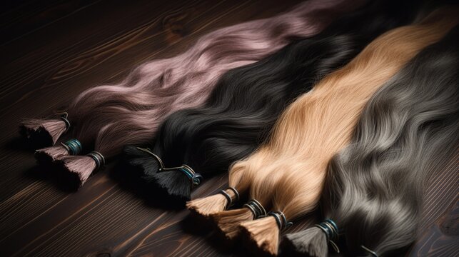 A close up of black and gold hair on a wooden background