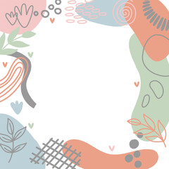 Abstract shapes vector frames. Handdrawn nature elements rainbow leaves branches dots and spots. Background for cards and advertising, banners and social media posts.
