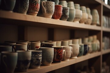 Fototapeta na wymiar Display of ceramic cups on a shelf. Generative AI