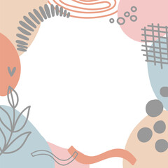 Abstract shapes vector frames. Handdrawn nature elements rainbow leaves branches dots and spots. Background for cards and advertising, banners and social media posts.
