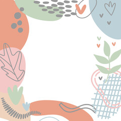 Abstract shapes vector frames. Handdrawn nature elements rainbow leaves branches dots and spots. Background for cards and advertising, banners and social media posts.
