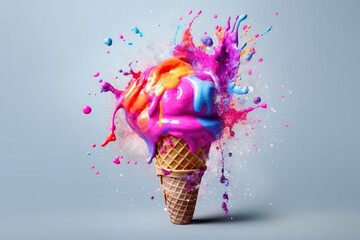 Illustration showcasing an ice cream cone with vibrant colors, melting into a creative splash. Ai generated