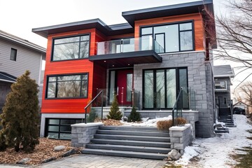 New Urban Dwelling with Innovative Aesthetic Featuring Two-Car Garage, Red Siding, and Natural Stone Staircase, generative AI
