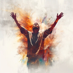 Artwork of a man raising hands in worship - obrazy, fototapety, plakaty