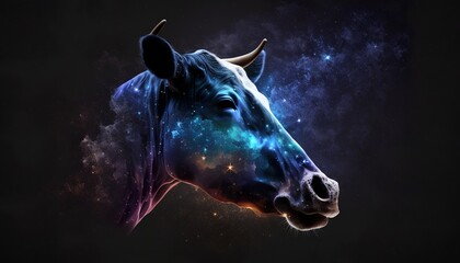 Cow's head with a galaxy background