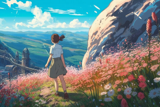 A girl in a hat stands on a mountain meadow with flowers, Japan cartoon illustration style, generative Ai