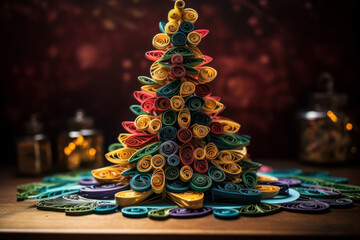 Christmas tree made of colourful paper on a wooden table. Christmas concept, generative Ai