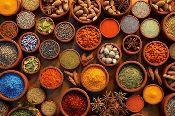 Indian set of Indian spices arranged in clay ceramics, viewed from above. Ai generated