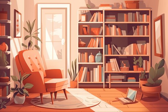 Living room interior with bookshelf, armchair and plants. Digital illustration, generative Ai
