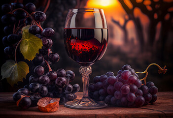 Glass with red wine and a bunch of grapes. AI Generated