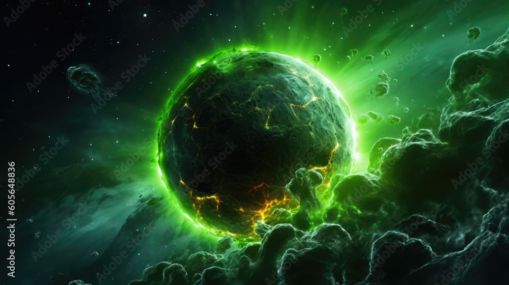 Wall mural green planet in deep space universe - by generative ai