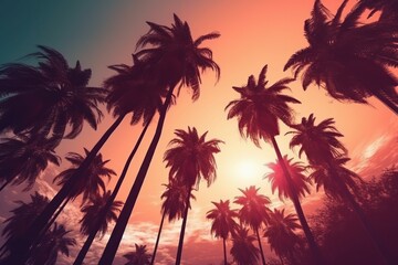 Fototapeta na wymiar Palm trees silhouettes on sunset sky background. Vintage toned, generative Ai