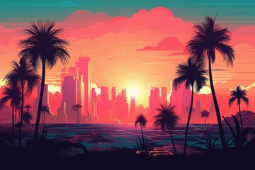 Beautiful sunset on the beach with palm trees, Digital illustration, generative Ai