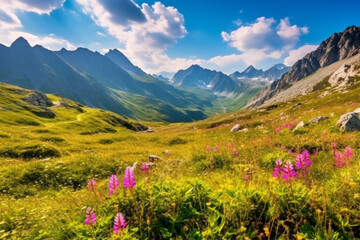 Fototapeta premium Beauty of the Alps with breathtaking illustration capturing a magnificent meadow with flowers and mountain landscape. Ai generated