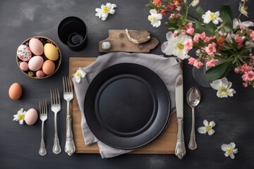 Easter table setting with plates, cutlery and spring flowers, generative Ai