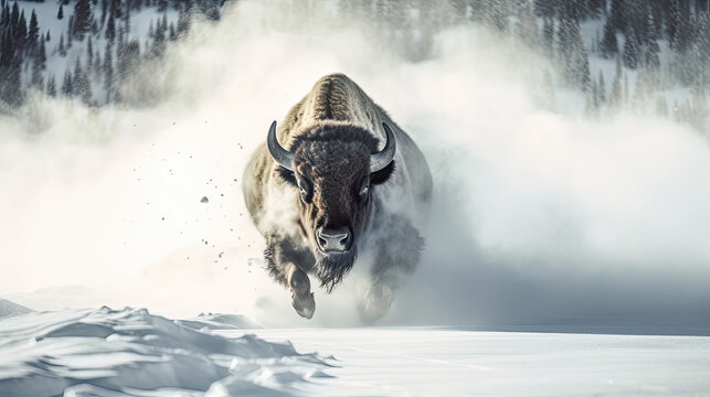 buffalo bison running in the snow, national park - by generative ai