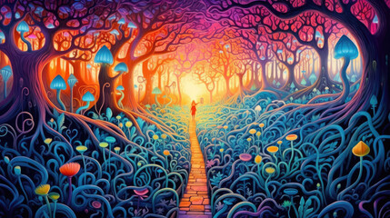 magic mushroom psychedelic forest path, inner journey - by generative ai