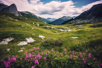 Fototapeta premium Beauty of the Alps with breathtaking illustration capturing a magnificent meadow with flowers and mountain landscape. Ai generated