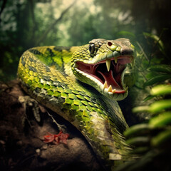 Fototapeta premium wild spirit animal green snake in the forest - by generative ai