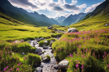 Beauty of the Alps with breathtaking illustration capturing a magnificent meadow with flowers and mountain landscape. Ai generated