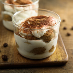 Traditional homemade tiramisu served in glasses