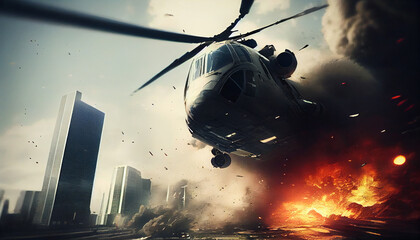 A downed helicopter crashes in the city. AI Generative