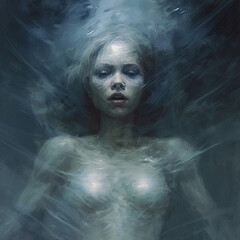 lady ghost floating in mist, grim dark fantasy banshee - by generative  - obrazy, fototapety, plakaty