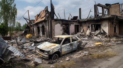 Fototapeta na wymiar abandoned car wreck in the ruined city, military warfare - by generative ai