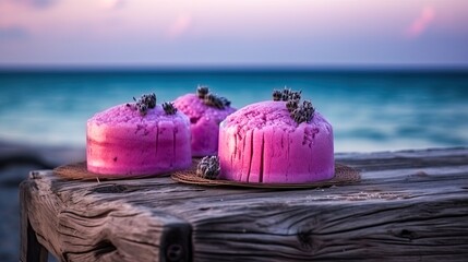 Lavender ice cream served with watermelon on wooden table. Blurred seascape in the background. Generative ai - obrazy, fototapety, plakaty